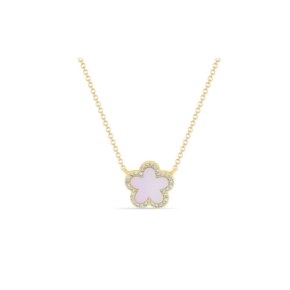 0.11Ct Diamond & 0.56Ct Mother Of Pearl 14K Y/G Flower Necklace