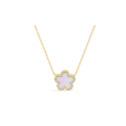 0.11Ct Diamond & 0.56Ct Mother Of Pearl 14K Y/G Flower Necklace