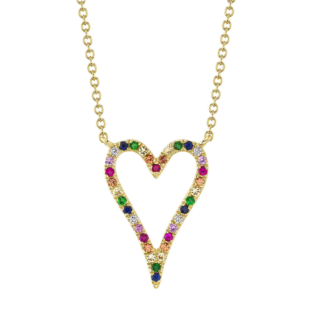 0.02Ct Diamond & 0.20Ct Multi-Color Stone 14K Y/G Open Heart Necklace