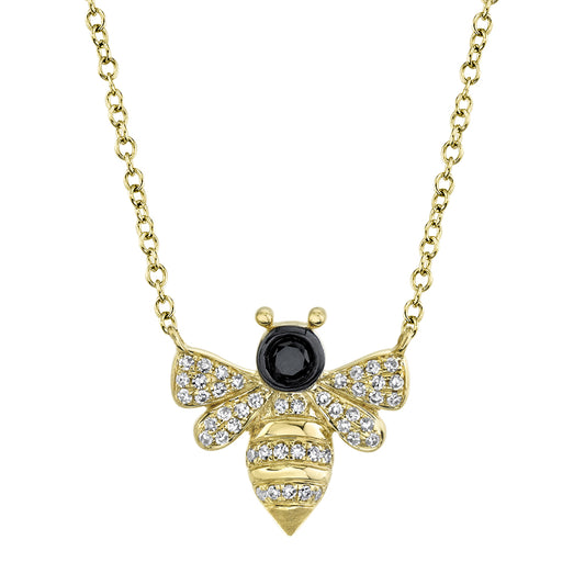 0.17Ct 14K Y/G Black & White Diamond Bee Necklace