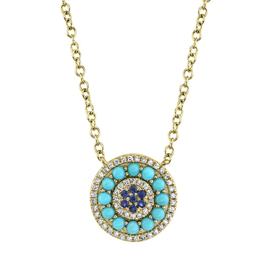 0.13Ct Diamond & 0.56Ct Blue Sapphire & Composite Turquoise 14K Y/G Necklace