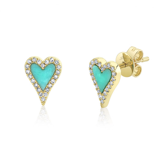 0.13Ct Diamond & 0.36Ct Composite Turquoise 14K Y/G Heart Stud Earring