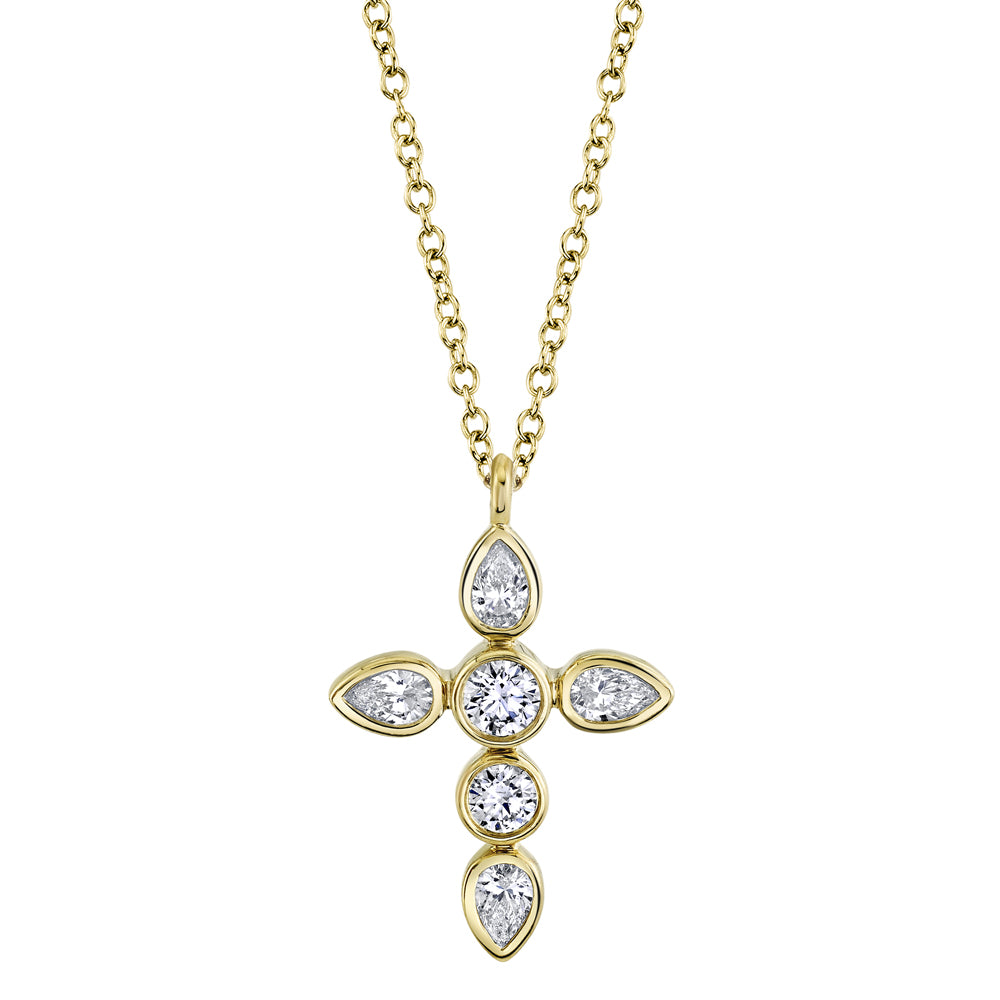 0.42Ct 14K Y/G Diamond Pear Bezel Cross Necklace