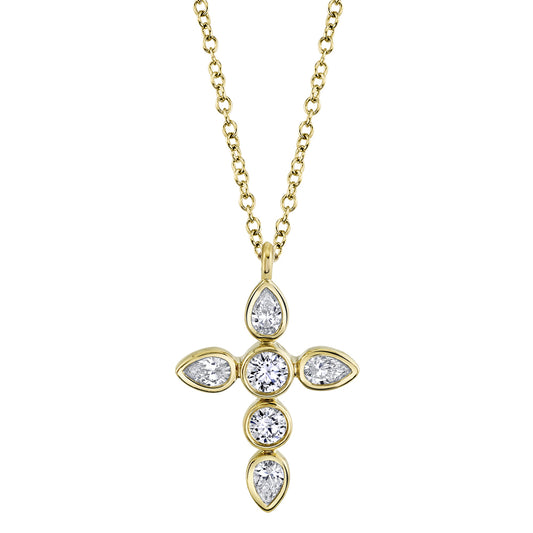 0.42Ct 14K Y/G Diamond Pear Bezel Cross Necklace