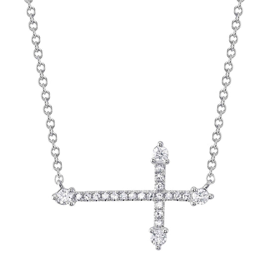0.17Ct 14K W/G Diamond Sideway Cross Necklace