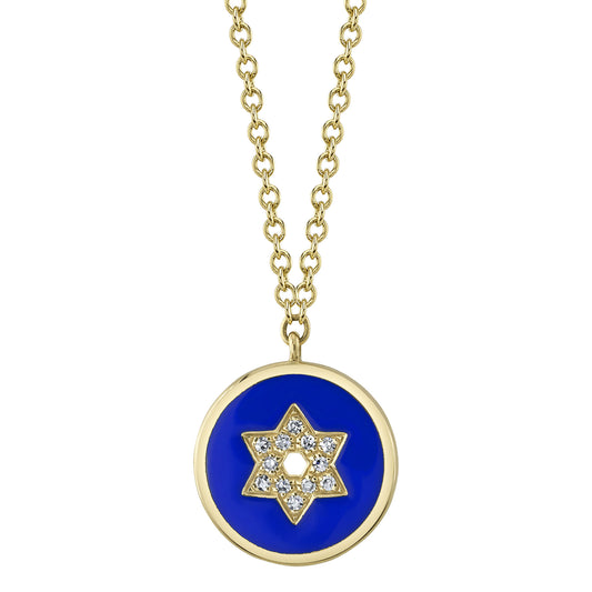 0.03Ct Diamond & Blue Enamel 14K Y/G Star Of David Necklace