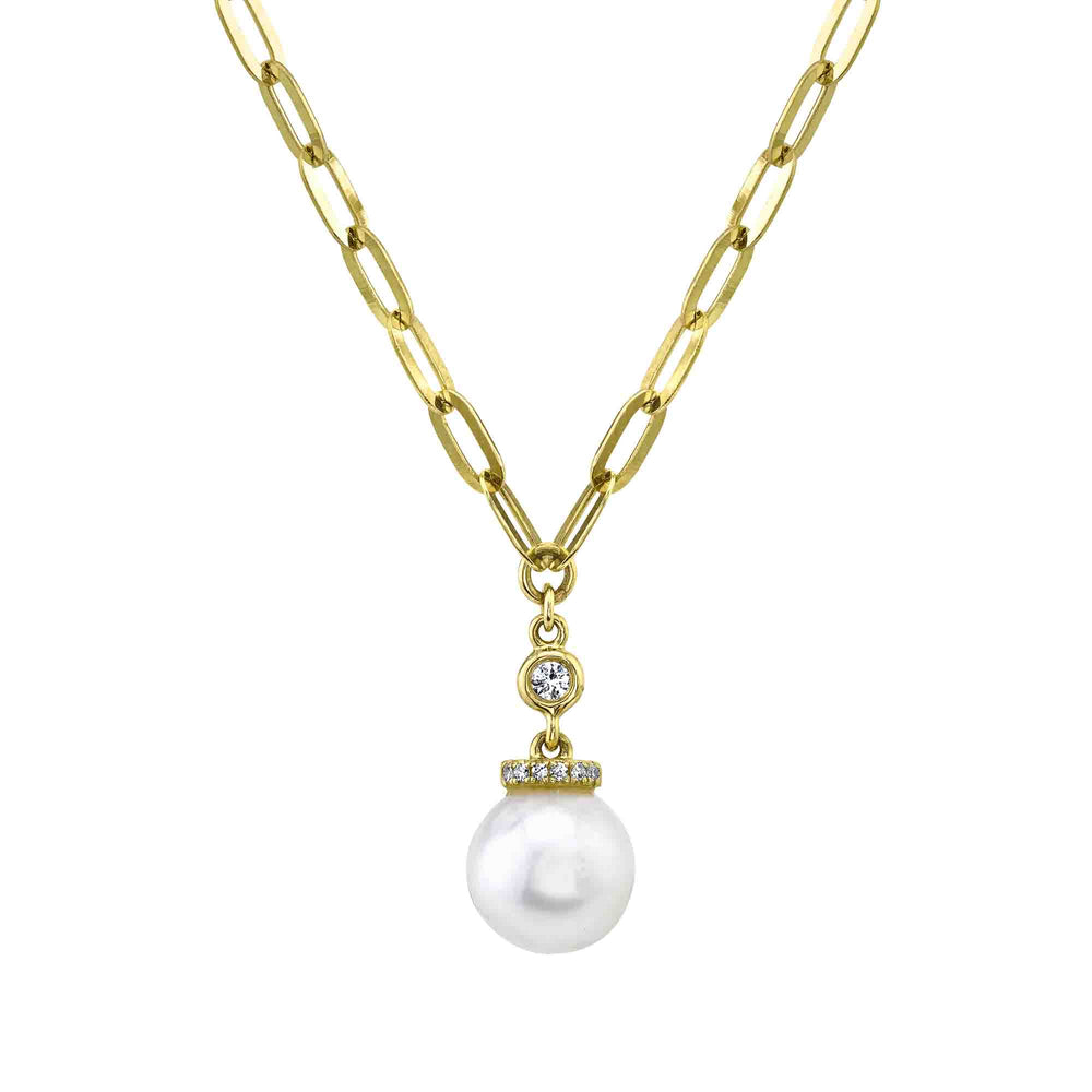 0.05Ct 14K Y/G Diamond & Cultured Pearl Paper Clip Link Necklace