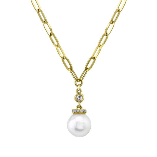0.05Ct 14K Y/G Diamond & Cultured Pearl Paper Clip Link Necklace