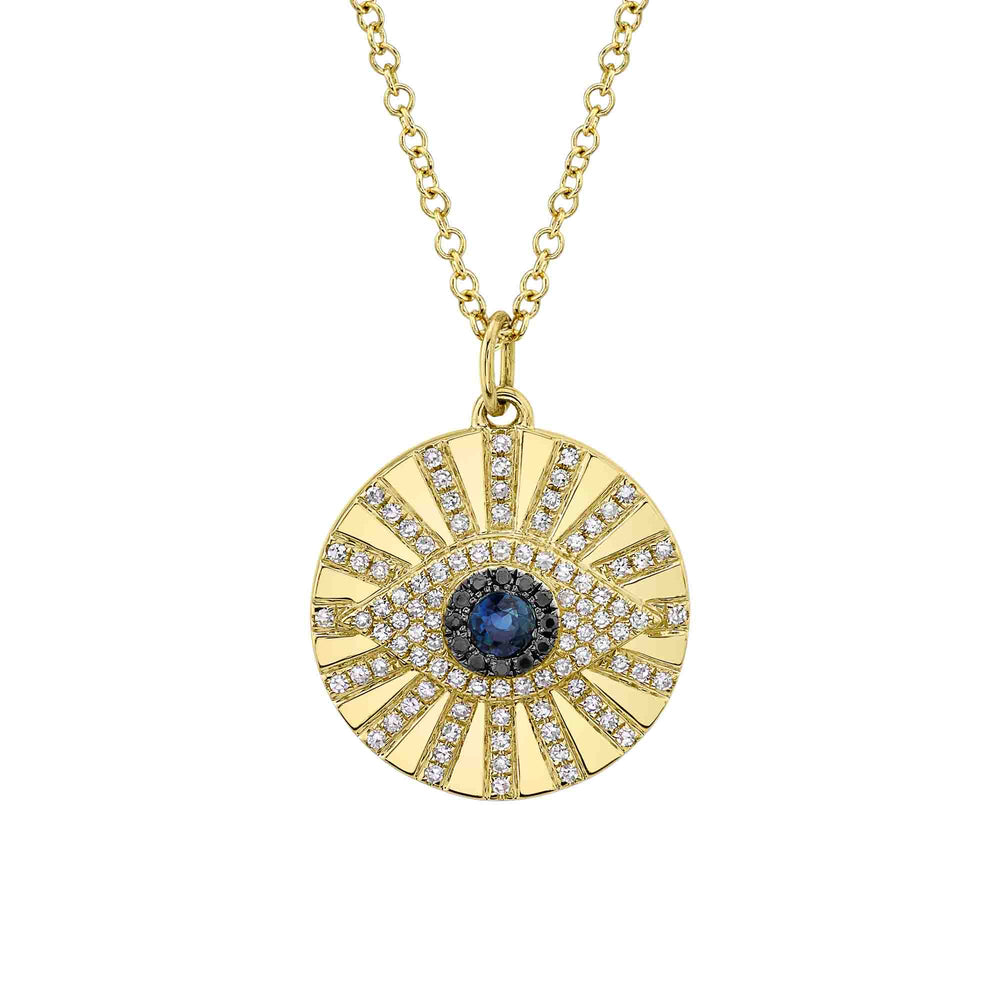 0.23Ct Black & White Diamond & 0.15Ct Blue Sapphire 14K Y/G Eye Necklace