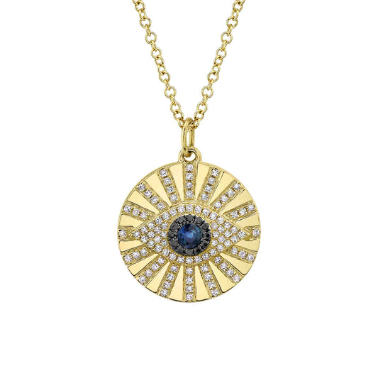 0.23Ct Black & White Diamond & 0.15Ct Blue Sapphire 14K Y/G Eye Necklace