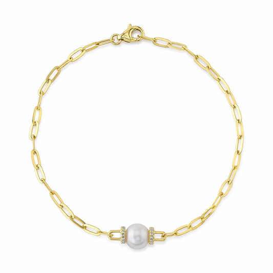 0.07Ct 14K Y/G Diamond & Cultured Pearl Paper Clip Link Bracelet