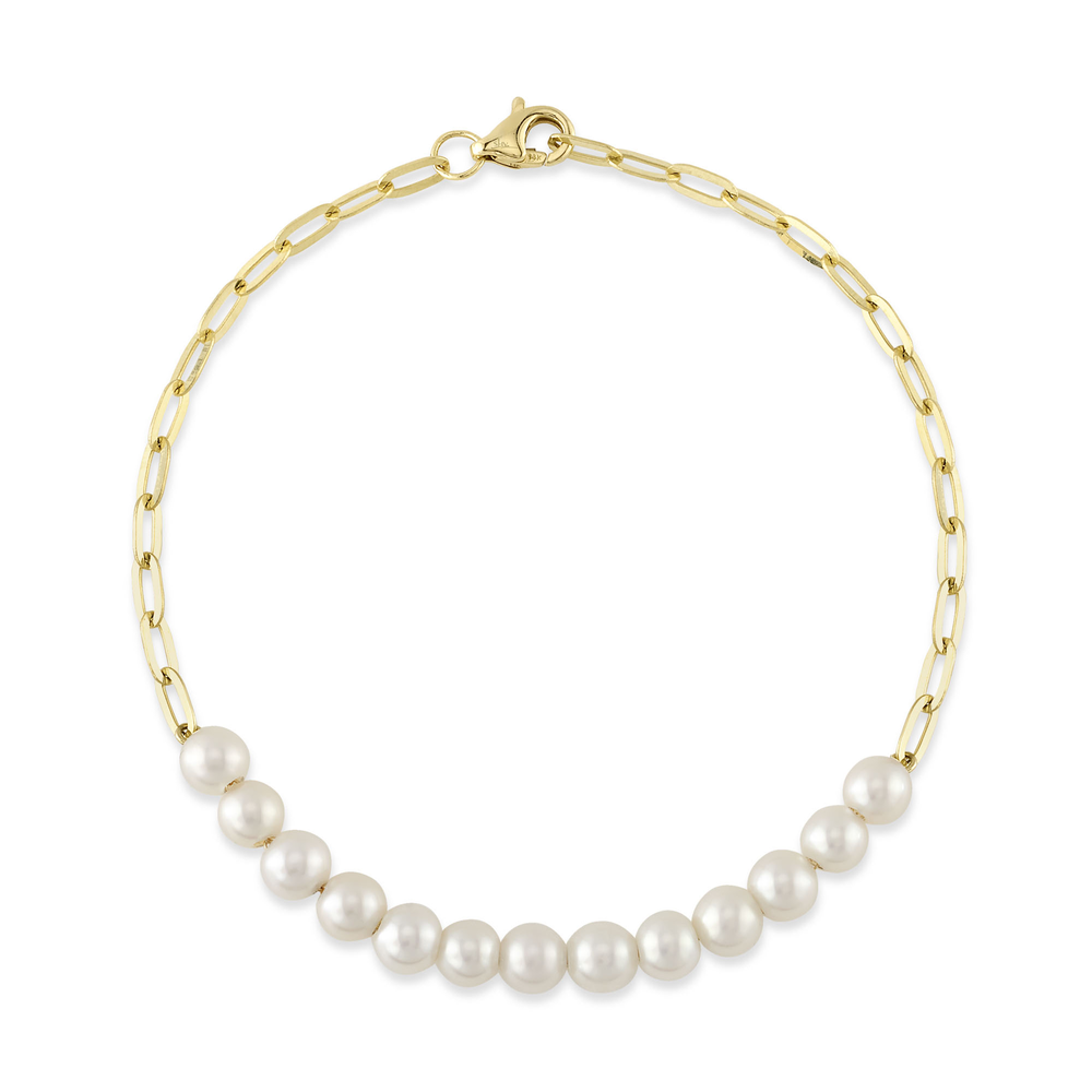 14K Y/G Cultured Pearl Paper Clip Link Bracelet