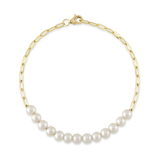 14K Y/G Cultured Pearl Paper Clip Link Bracelet