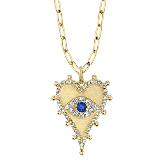 0.28Ct Diamond & 0.10Ct Blue Sapphire 14K Y/G Heart Eye Matte Paper Clip Link Necklace