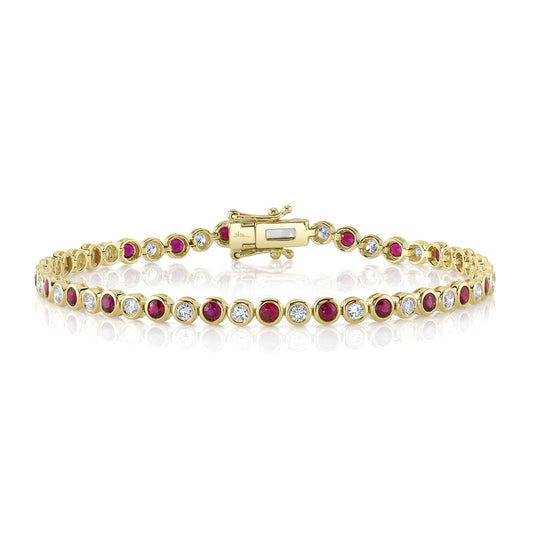 1.00Ct Diamond & 1.65Ct Ruby 14K Y/G Bezel Tennis Bracelet