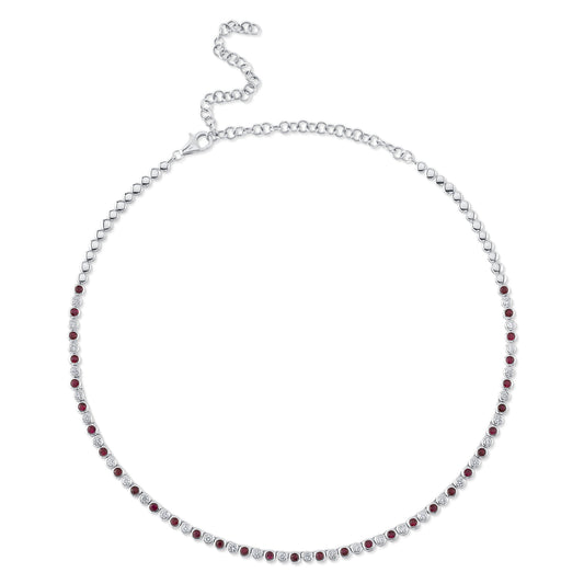 1.27Ct Diamond & 2.18Ct Ruby 14K W/G Bezel Tennis Necklace