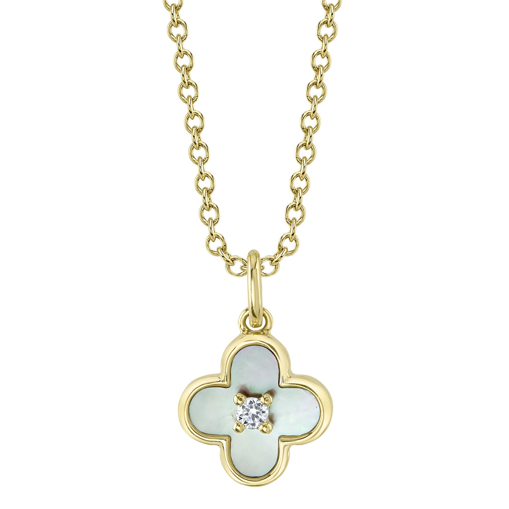0.02Ct Diamond & 0.33Ct Mother Of Pearl 14K Y/G Clover Necklace