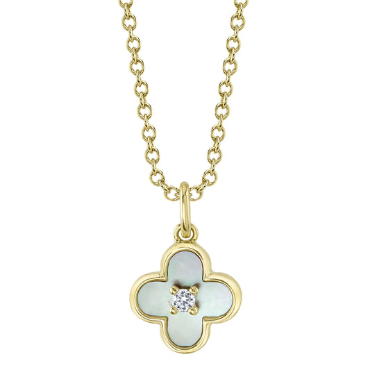 0.02Ct Diamond & 0.33Ct Mother Of Pearl 14K Y/G Clover Necklace