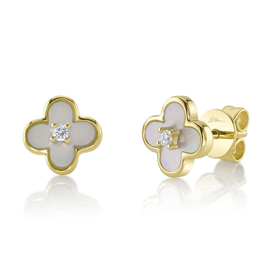 0.04Ct Diamond & 0.59Ct Mother Of Pearl 14K Y/G Clover Stud Earring