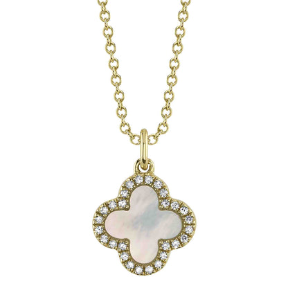 0.15Ct Diamond & 0.88Ct Black Onyx & Mother Of Pearl 14K Y/G Double-Sided Clover Necklace