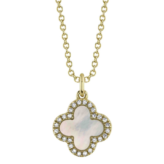 0.15Ct Diamond & 0.88Ct Black Onyx & Mother Of Pearl 14K Y/G Double-Sided Clover Necklace