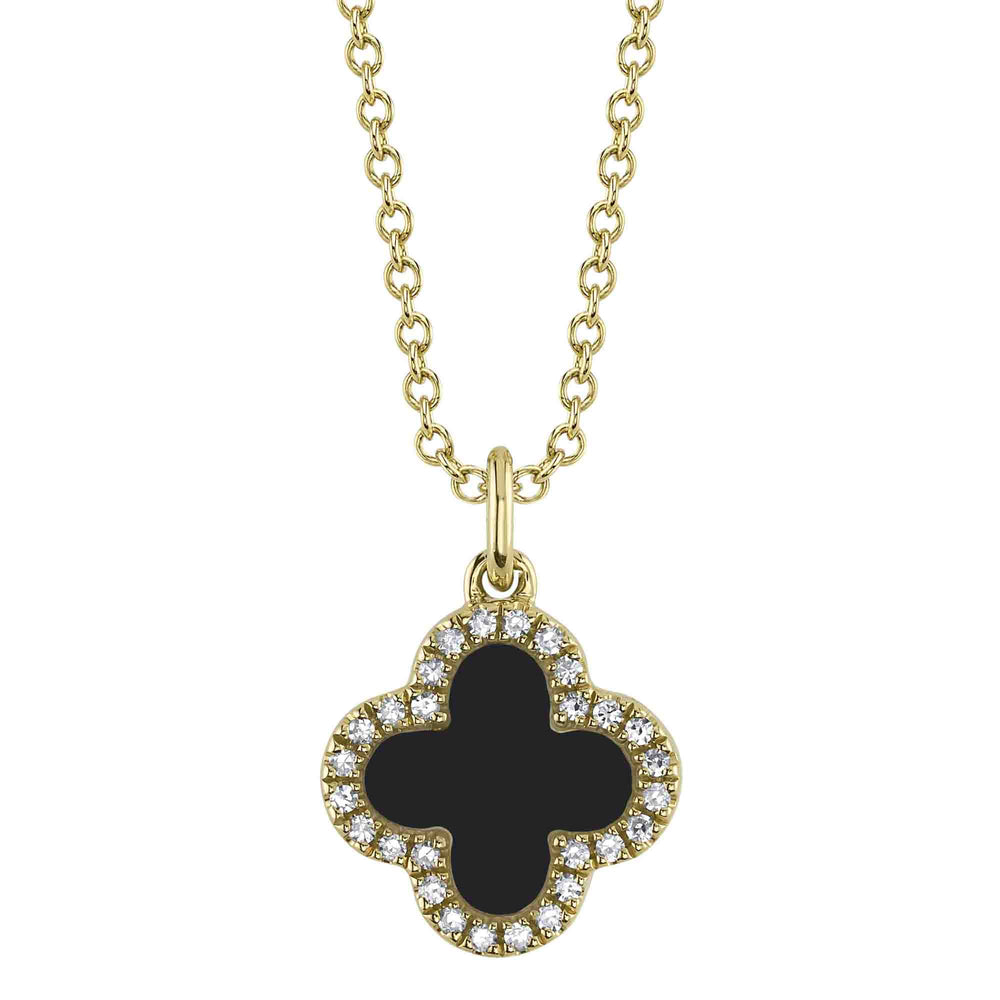 0.15Ct Diamond & 0.88Ct Black Onyx & Mother Of Pearl 14K Y/G Double-Sided Clover Necklace