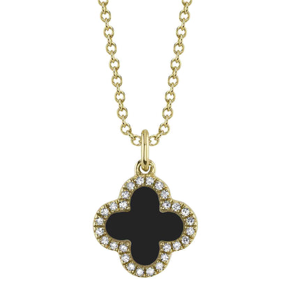 0.15Ct Diamond & 0.88Ct Black Onyx & Mother Of Pearl 14K Y/G Double-Sided Clover Necklace