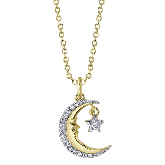 0.07Ct 14K Y/G Diamond Crescent Moon & Star Necklace