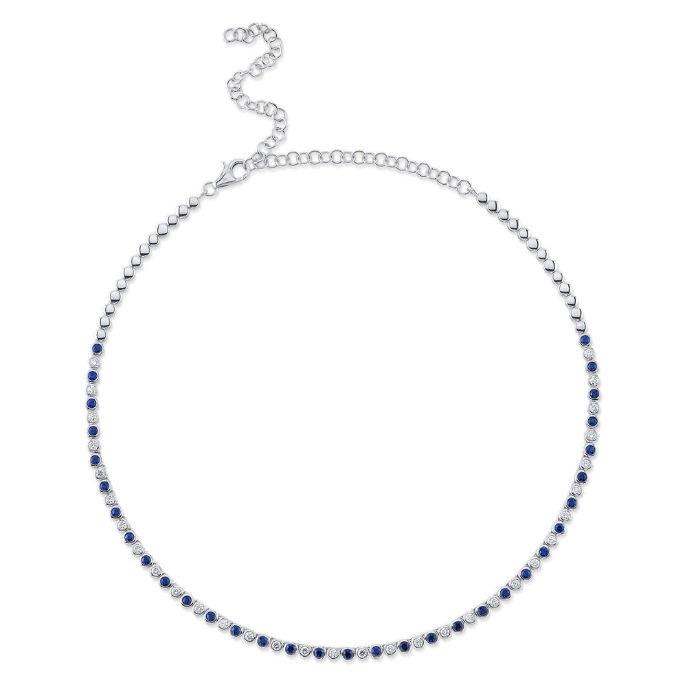 1.27Ct Diamond & 2.08Ct Blue Sapphire 14K W/G Bezel Tennis Necklace