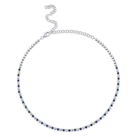 1.27Ct Diamond & 2.08Ct Blue Sapphire 14K W/G Bezel Tennis Necklace