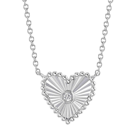 0.02Ct 14K W/G Diamond Bezel Ribbed Heart Necklace