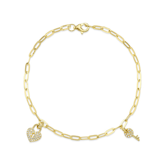 0.10Ct 14K Y/G Diamond Pave Heart Lock & Key Paper Clip Link Bracelet
