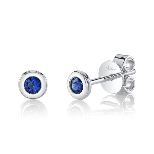 0.14Ct 14K W/G Blue Sapphire Bezel Stud Earring