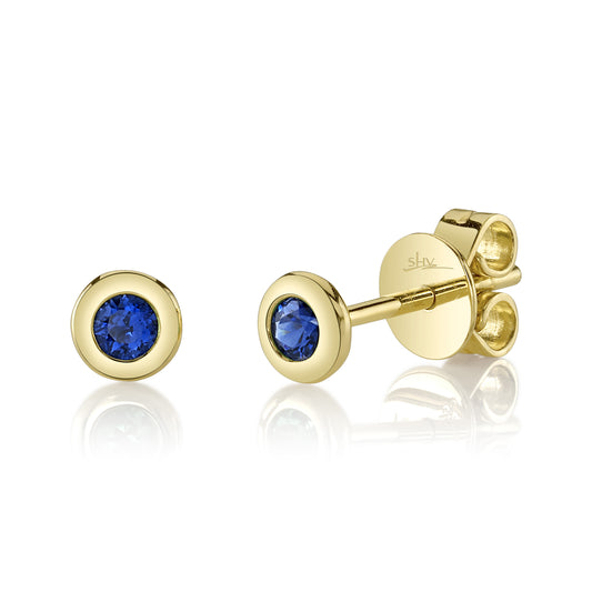 0.14Ct 14K Y/G Blue Sapphire Bezel Stud Earring