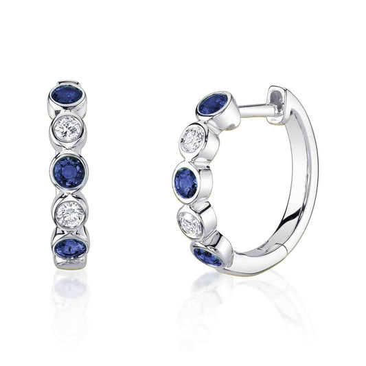 0.16Ct Diamond & 0.45Ct Blue Sapphire 14K W/G Bezel Huggie Earring