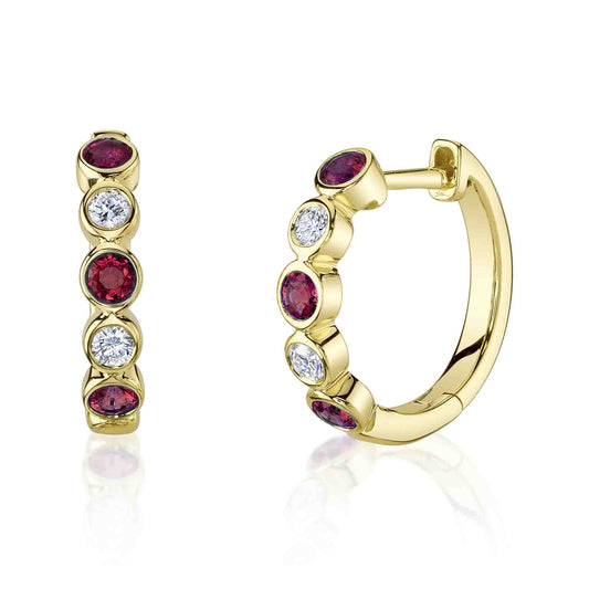 0.16Ct Diamond & 0.48Ct Ruby 14K Y/G Bezel Huggie Earring