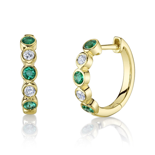 0.16Ct Diamond & 0.33Ct Emerald 14K Y/G Bezel Huggie Earring