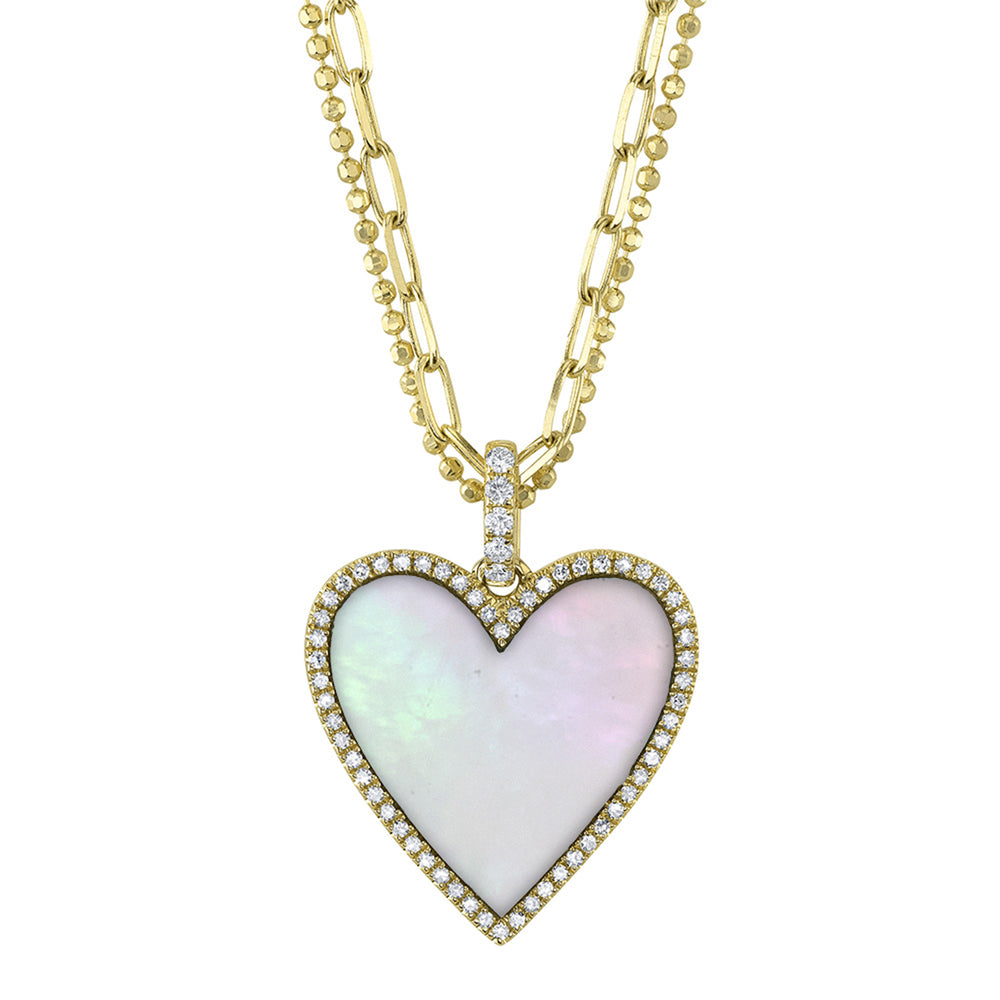 0.21Ct Diamond & 2.41Ct Mother Of Pearl14K Y/G Heart Paper Clip Link Faceted Ball Double Chain Necklace