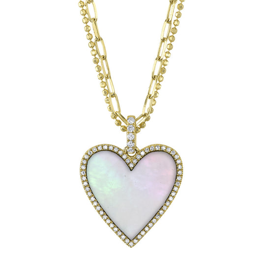 0.21Ct Diamond & 2.41Ct Mother Of Pearl14K Y/G Heart Paper Clip Link Faceted Ball Double Chain Necklace