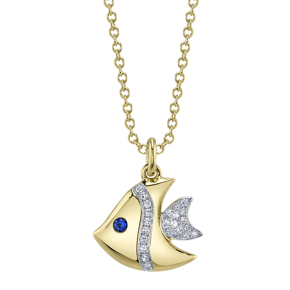 0.05Ct Diamond & 0.02Ct Blue Sapphire 14K Y/G Fish Necklace