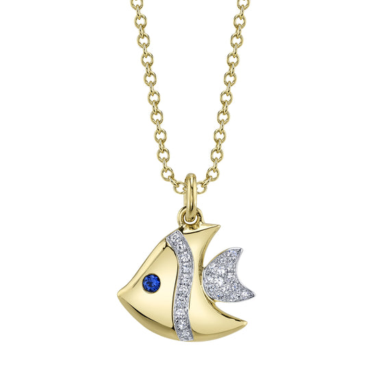 0.05Ct Diamond & 0.02Ct Blue Sapphire 14K Y/G Fish Necklace