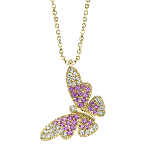 0.17Ct Diamond & 0.38Ct Pink Sapphire 14K Y/G Butterfly Necklace