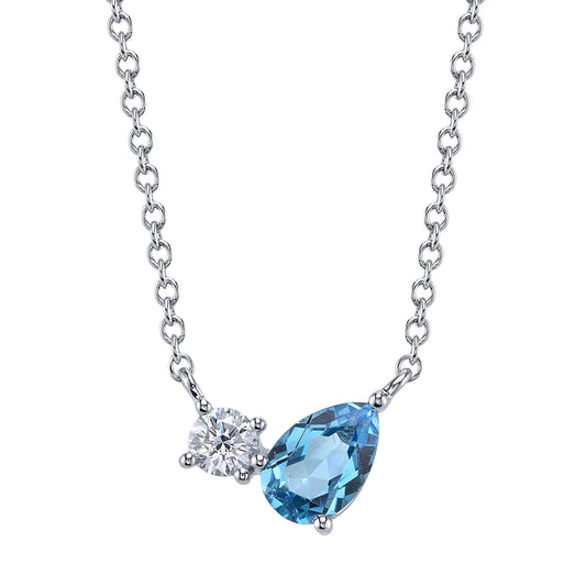 0.11Ct Diamond & 0.54Ct Swiss Blue Topaz 14K W/G Pear Necklace
