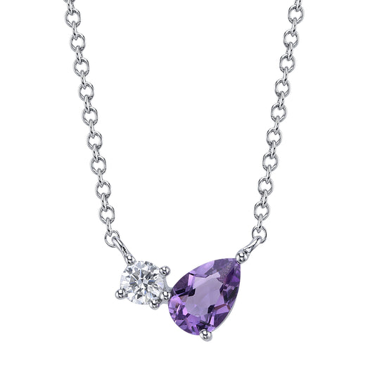0.11Ct Diamond & 0.38Ct Amethyst 14K W/G Pear Necklace
