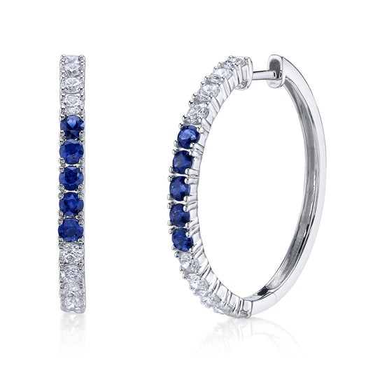 0.91Ct Diamond & 0.61Ct Blue Sapphire 14K W/G Hoop Earring