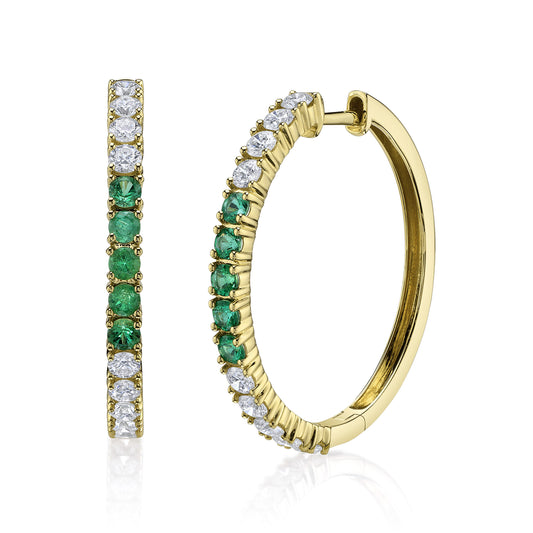 0.91Ct Diamond & 0.50Ct Emerald 14K Y/G Hoop Earring