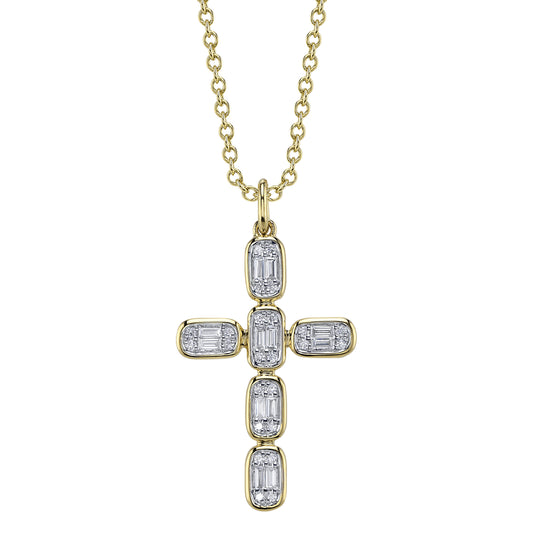 0.30Ct 14K Y/G Diamond Baguette Cross Necklace
