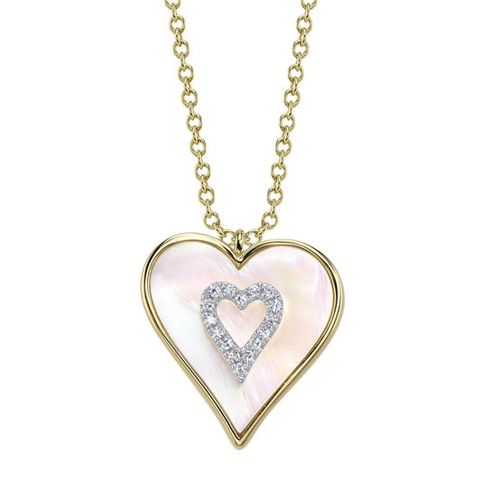 0.04Ct Diamond & 1.91Ct Mother Of Pearl 14K Y/G Heart Necklace