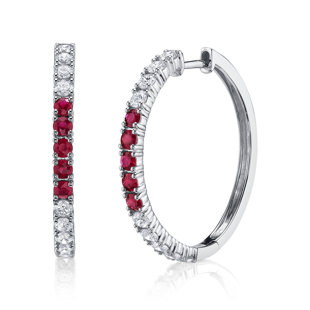 0.91Ct Diamond & 0.60Ct Ruby 14K W/G Hoop Earring