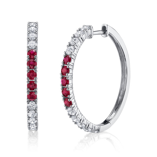 0.91Ct Diamond & 0.60Ct Ruby 14K W/G Hoop Earring